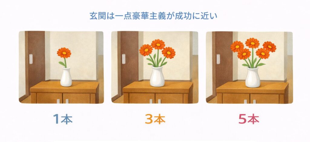 玄関に飾った1本・3本・5本のガーベラを比較する図