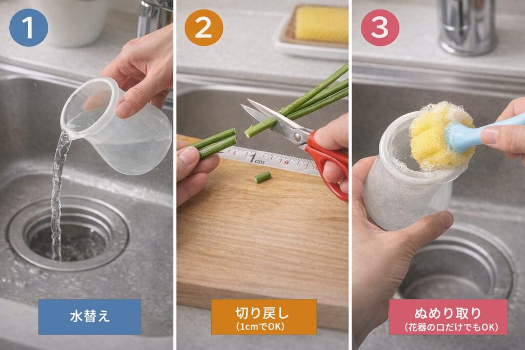 水替え・切り戻し・ぬめり取りをする図