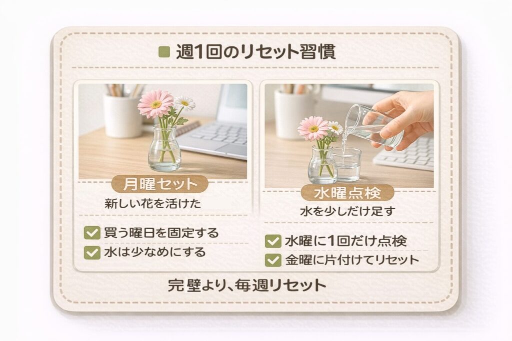 デスク花の週1回リセット習慣の図