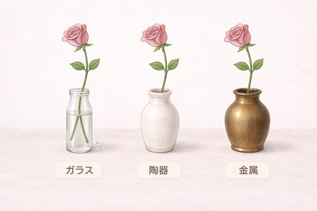 花瓶の材質を比較する図:ガラス・陶器・金属