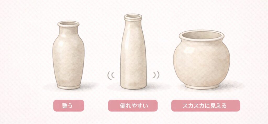 一輪挿しが整いやすい形と避けたい形を比較する花器の図