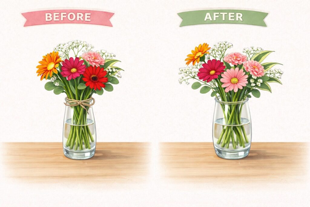 スーパーの花束：処理前と処理後の比較図