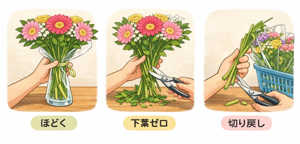 スーパーの花束を処理する手順の図解