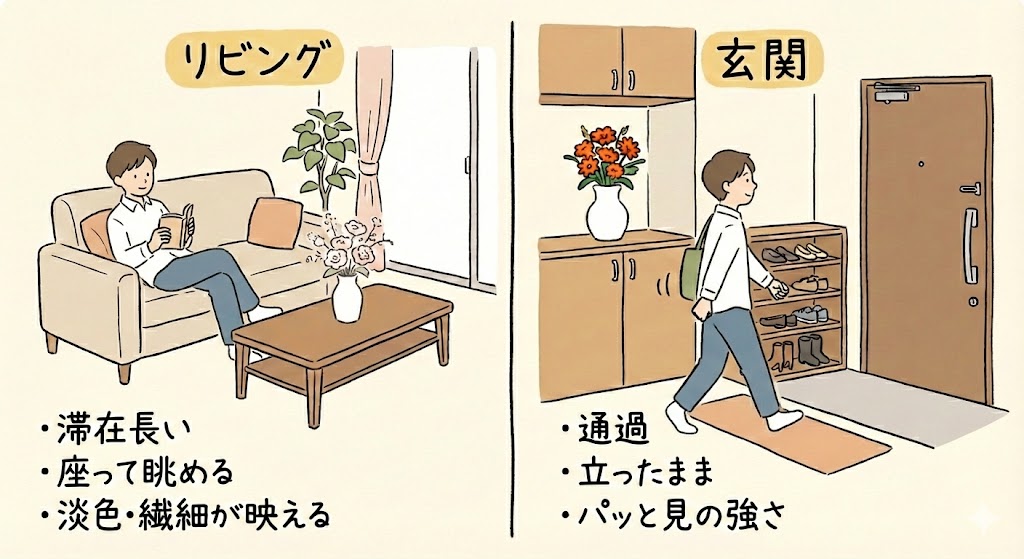 リビングに飾った花と玄関に飾った花の特徴を比較解説する図