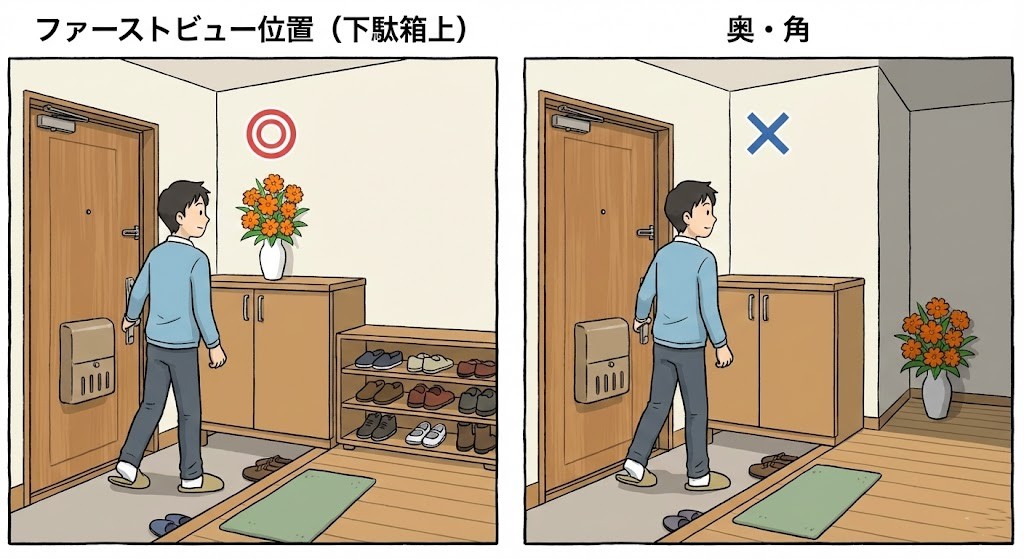 玄関の花の置き場所を比較する図:ファーストビューと奥・角