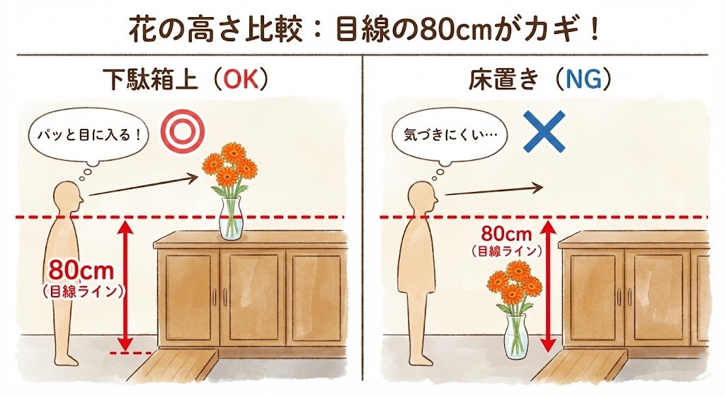 玄関で花を置くのはどの高さがよいか解説する図:80cmがカギ