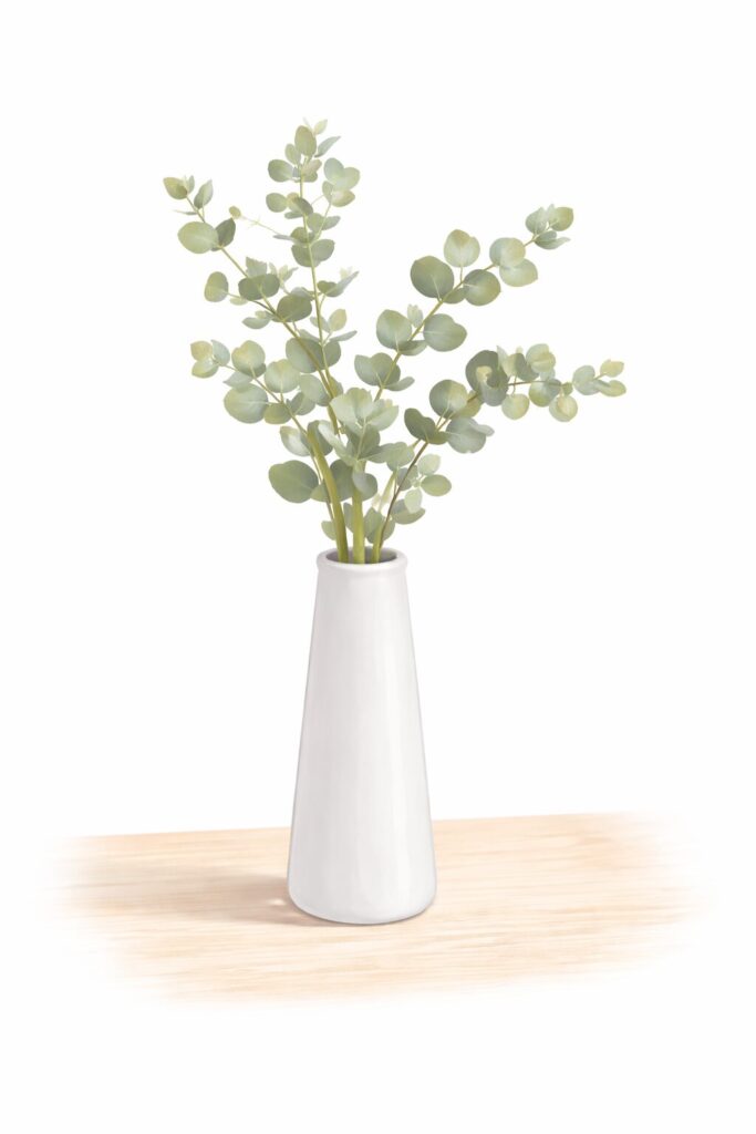白い花瓶にユーカリの図