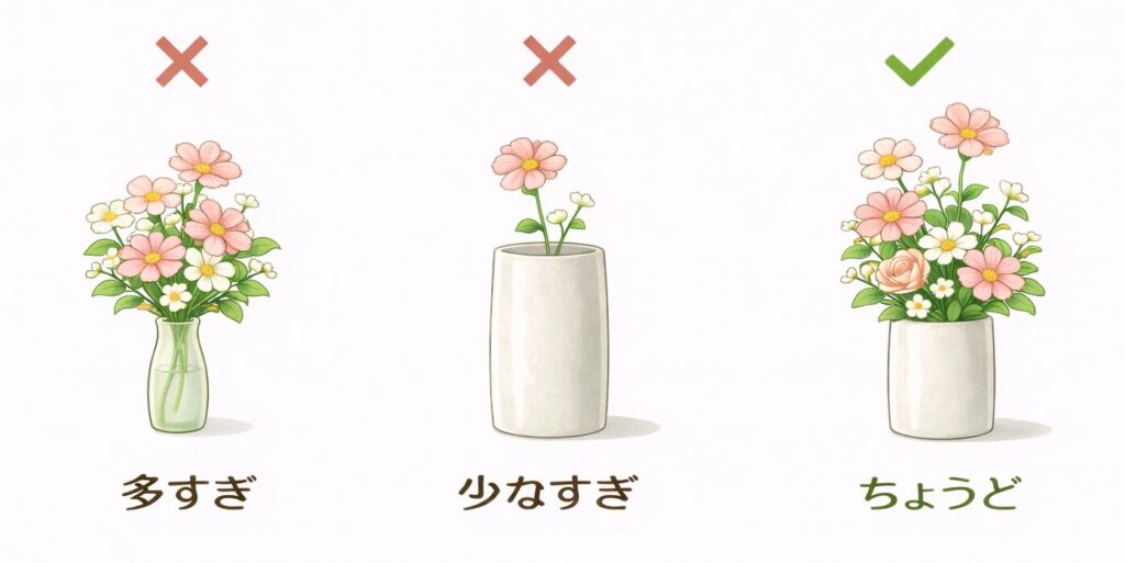花瓶の大きさと花の量のスケール感を比較する図