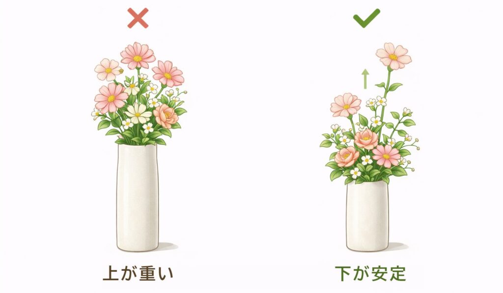 重心が上にある花瓶と下が安定した花瓶の比較図