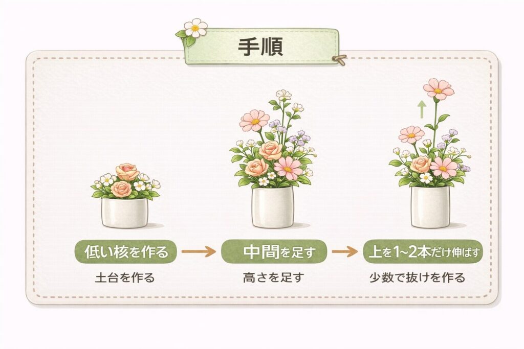 花の配置バランスを作る手順の図解