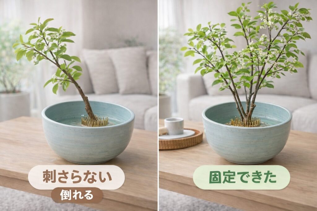 枝が刺さらない･固定できたを比較する図