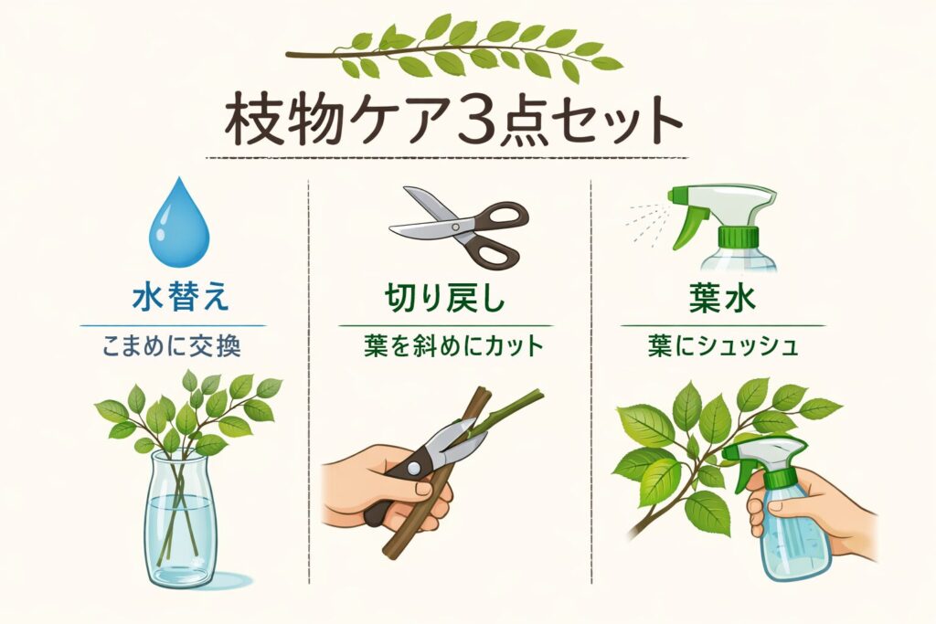 枝物ケア3点セットの図：水替え・切り戻し・葉水