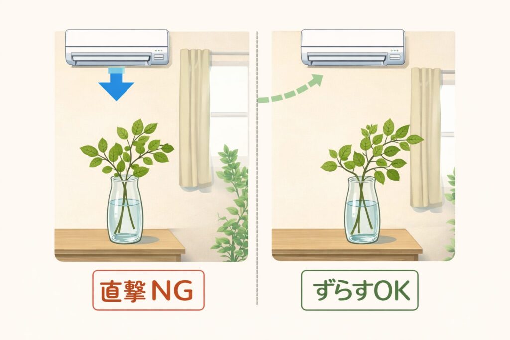 エアコンの風が直撃の枝物とずらした枝物の比較図