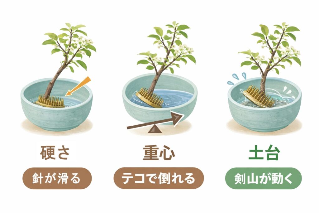 3種類の剣山の比較図：肩さ･重心･土台