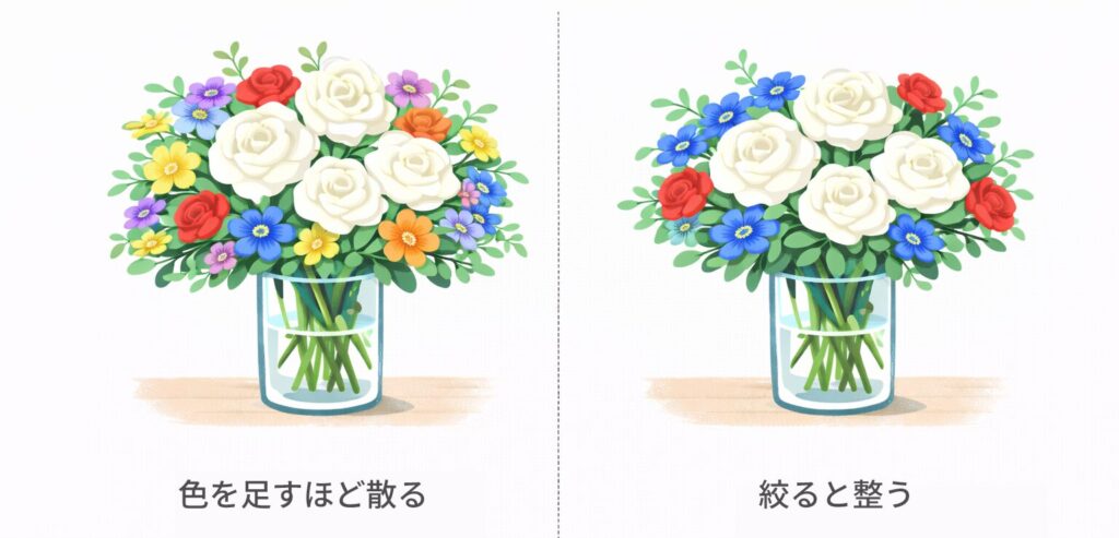 カラフルなフラワーアレンジと色を絞ったアレンジの比較図