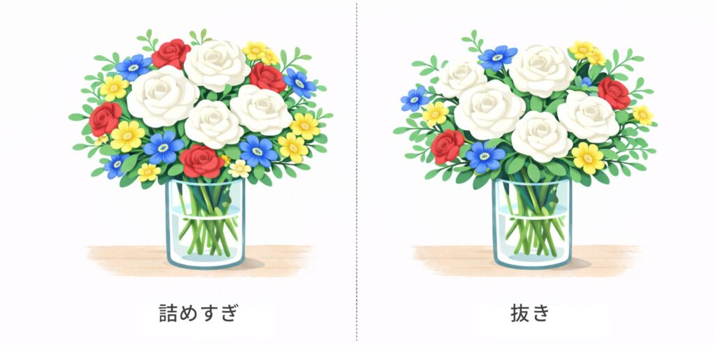 詰めすぎのフラワーアレンジと抜きのあるアレンジの比較図