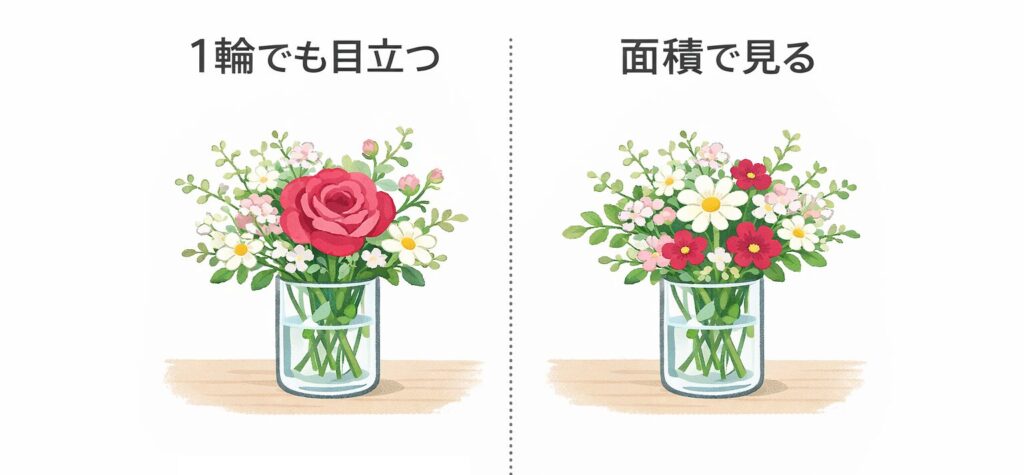大輪の赤いバラと小花で面積を比較する図
