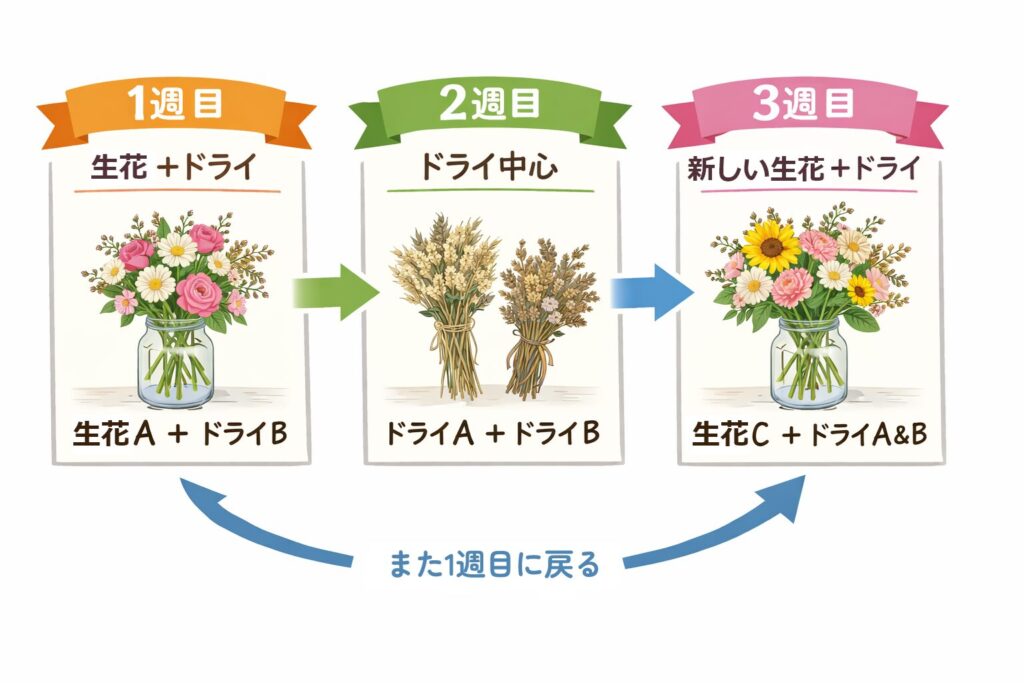 生花とドライのローテーション図・イラスト