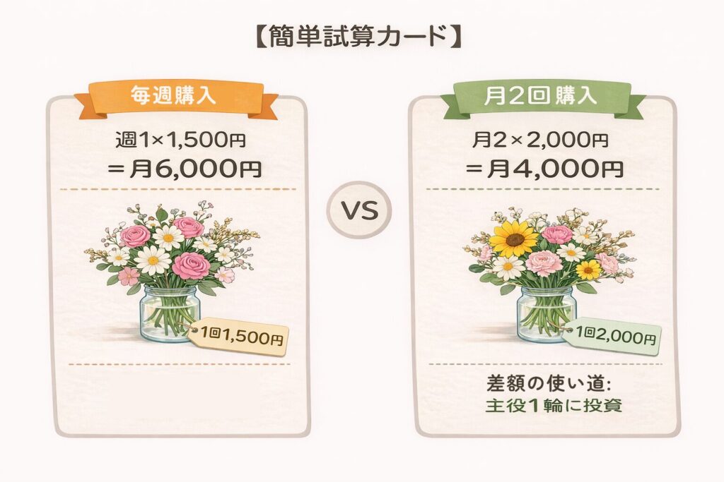 毎週購入と月2回購入の場合のコスト比較図