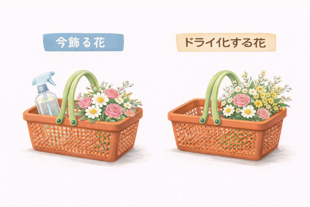 バスケットに入れた今飾る花とドライ化する花の図