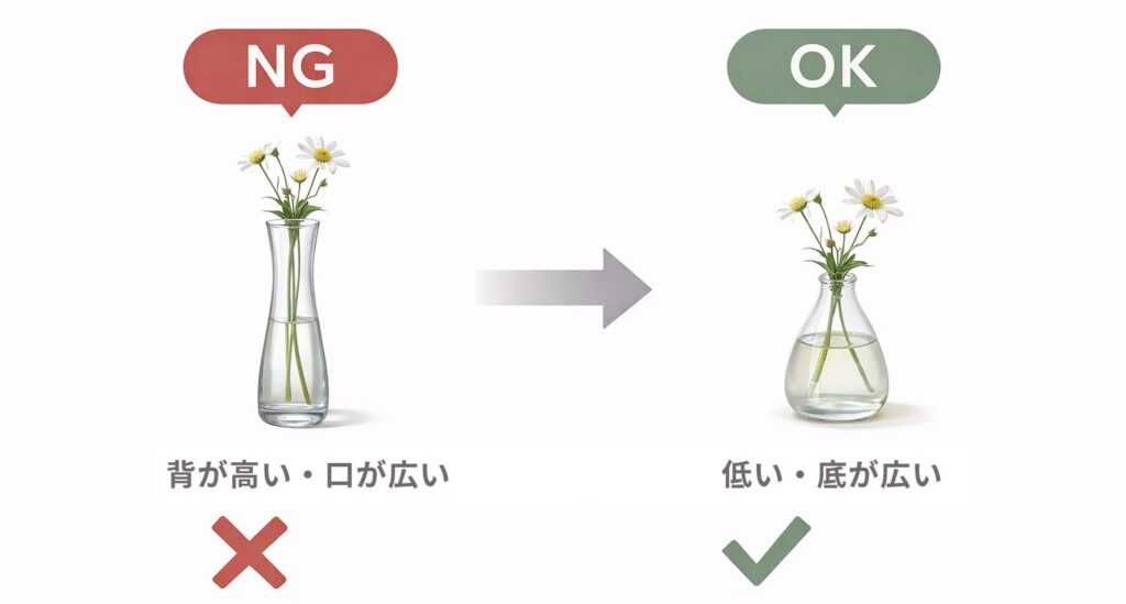 背が高くシュッとした花器と底が広く背が低い花器の比較図