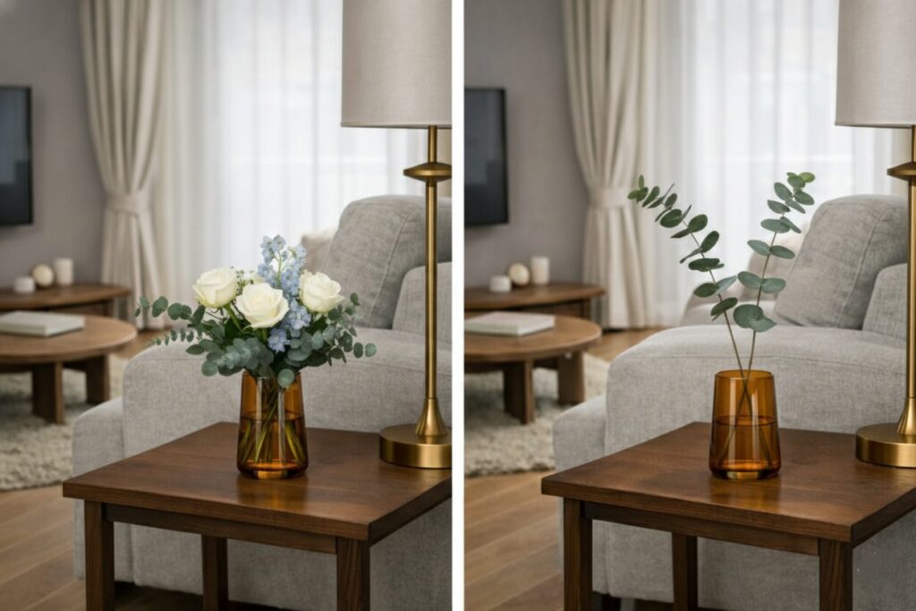 白いバラ＆グリーンとグリーンのみ飾った花瓶を比較した写真