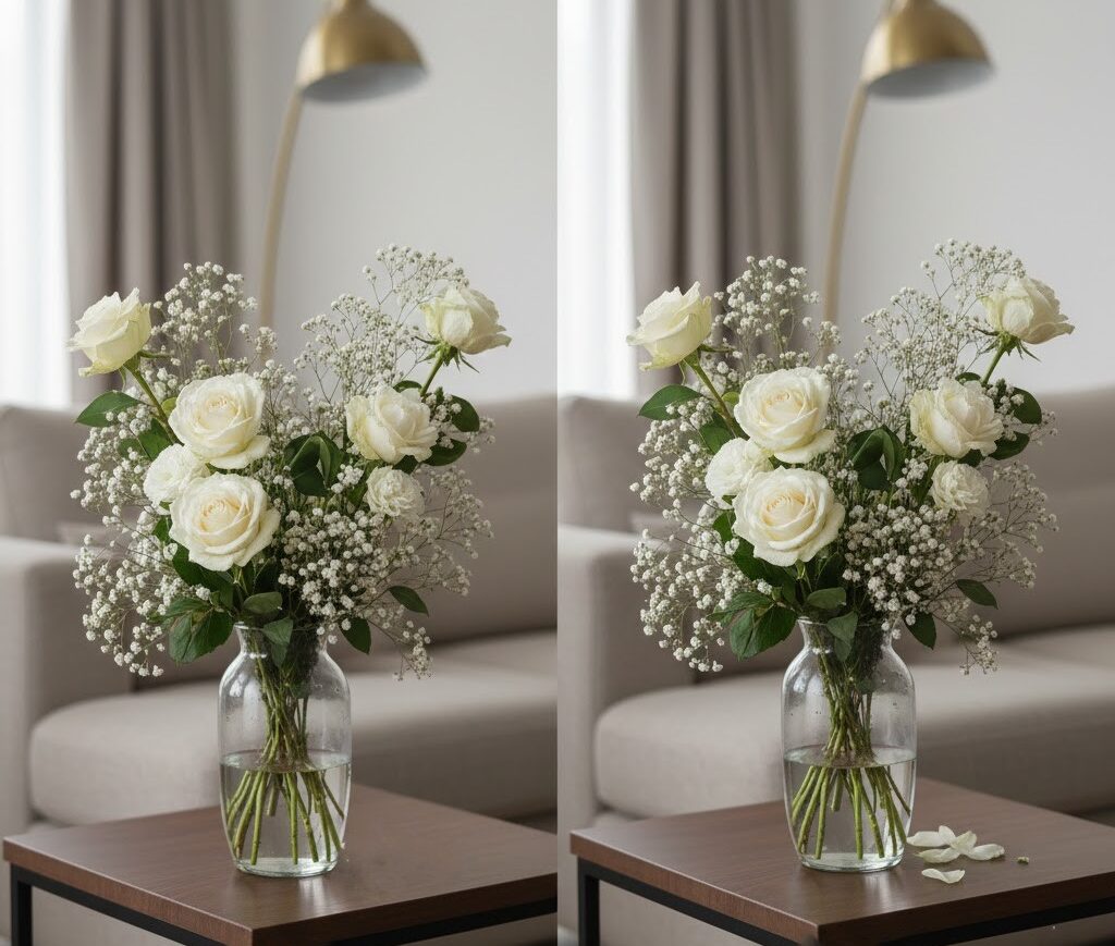 白バラ＋かすみ草の定番アレンジを初日･5日目で比較・写真