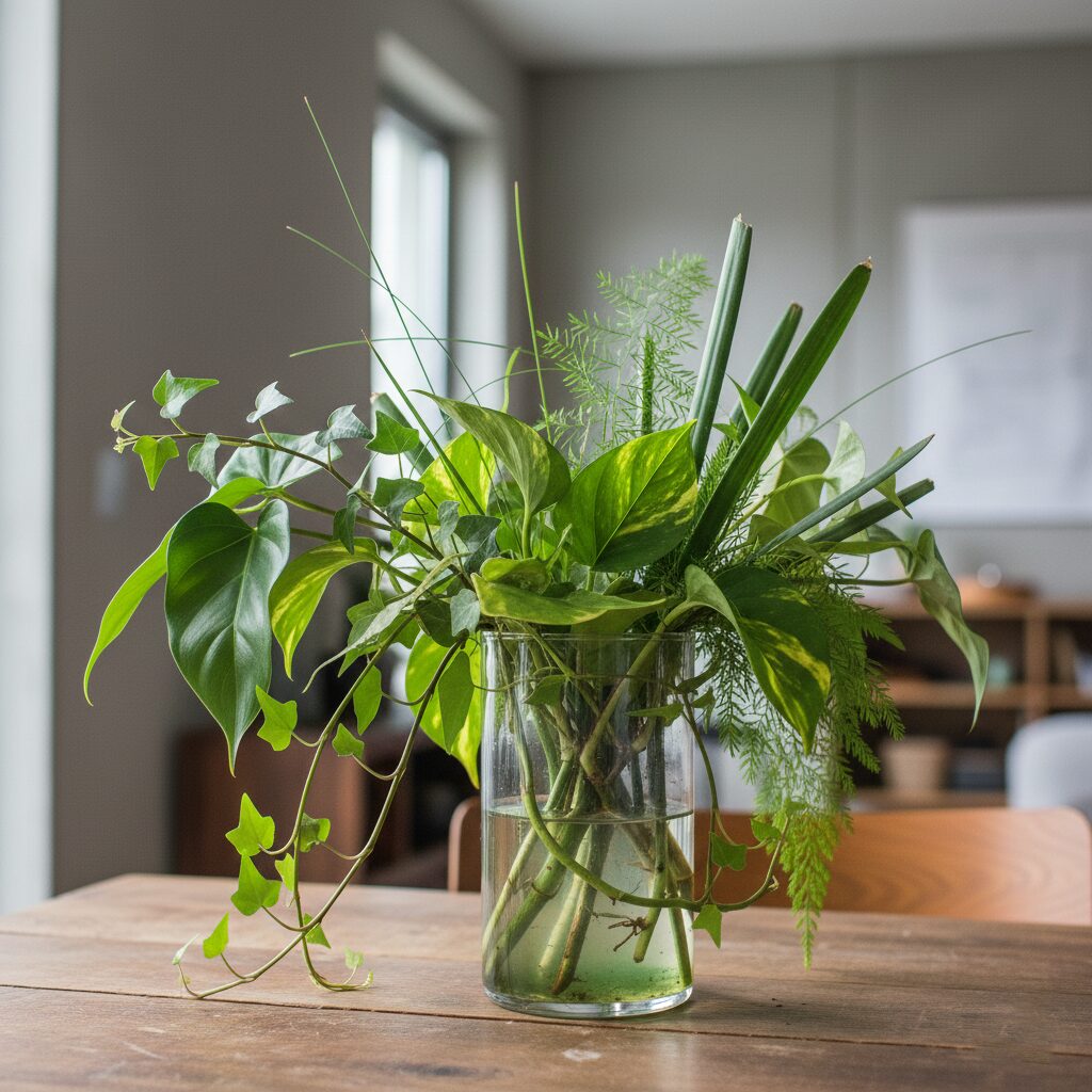 グリーンのみ色々寄せて活けたものを撮った写真