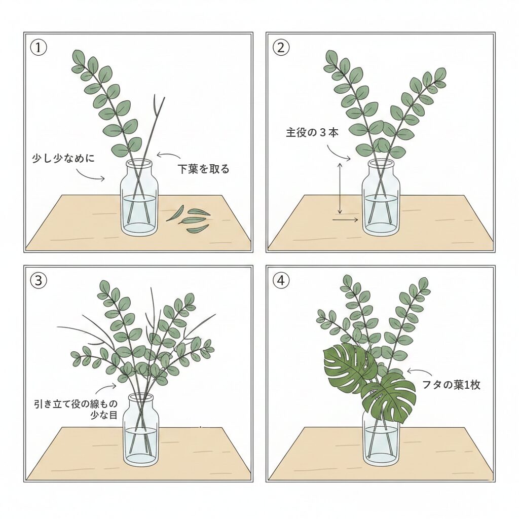 花なしグリーンアレンジの作り方を図で解説