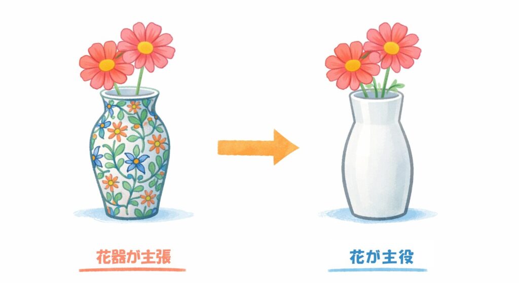 柄のある花器(花器が主張)と白い花器(花が主役)の比較図・イラスト