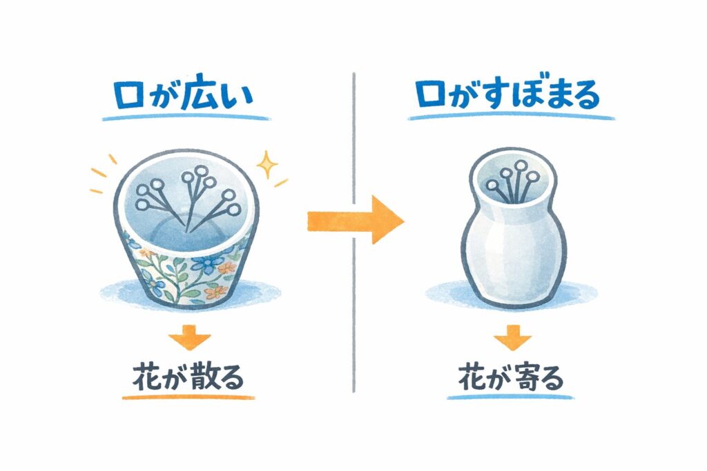 口が広い花器と口がすぼまった花器の比較図・イラスト