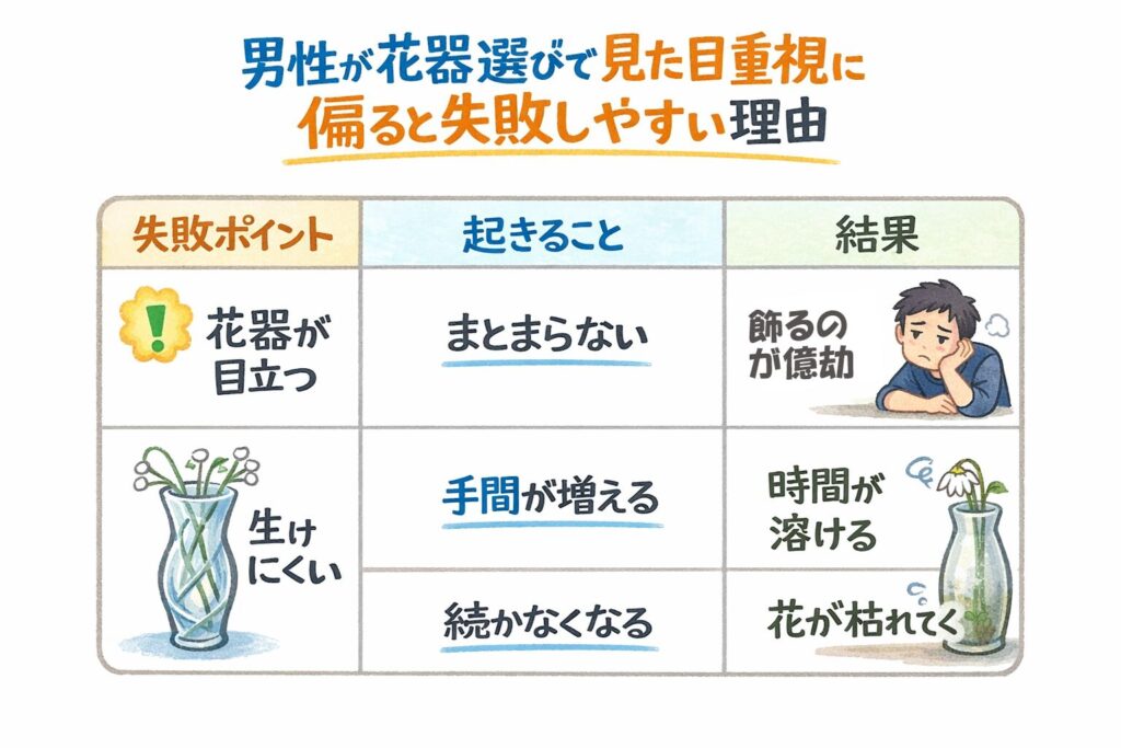 男性が花器選びで無ため重視に偏ると失敗しやすい理由を図解・イラスト