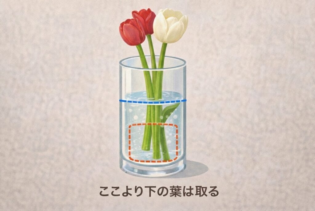 水に浸かる葉を取った図