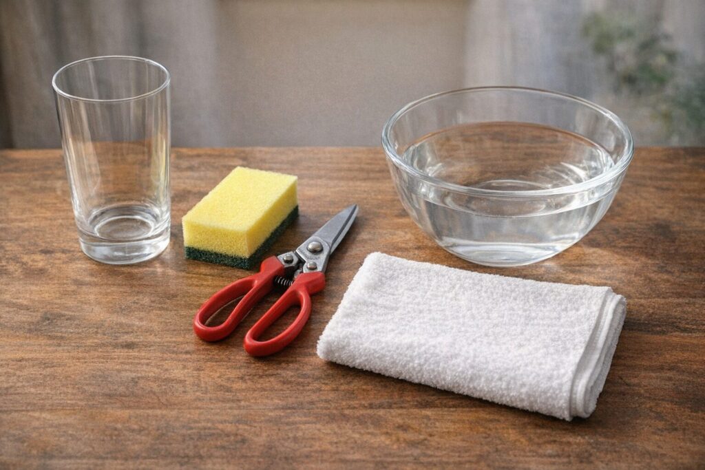 水揚げに必要な道具（花瓶・スポンジ・ハサミ・ボウル・タオル）