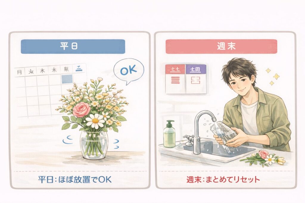 平日放置・週末まとめてリセットをする図