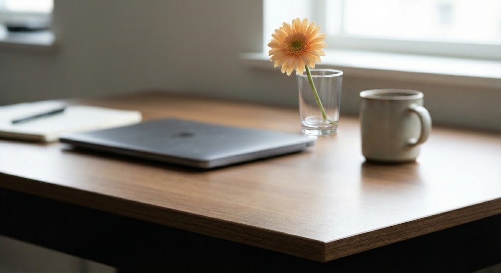 コーヒーカップとガーベラを一輪飾ったデスク