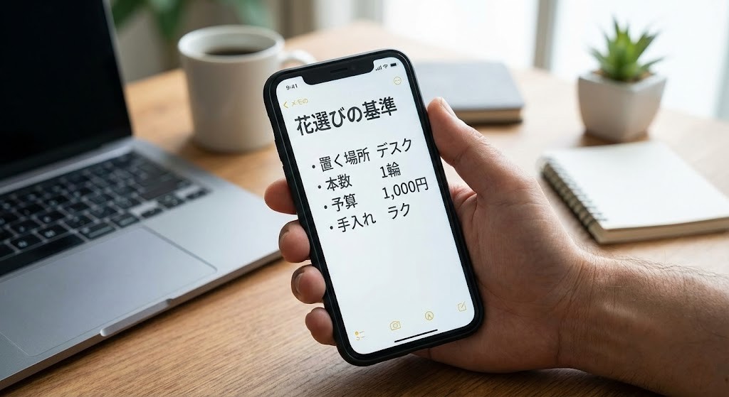 スマホに保存した花選びの基準を撮った写真