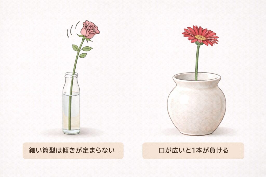 細長い筒型の花瓶と口が広い花瓶の比較図