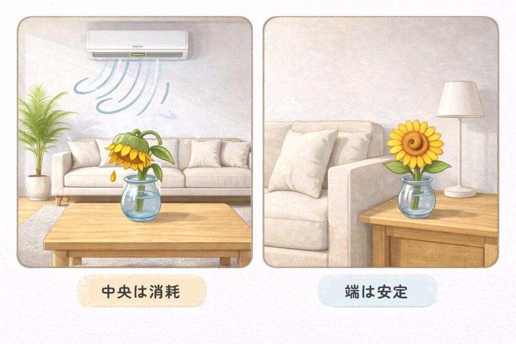 中央で消耗するひまわりと端で安定のひまわりを比較する図