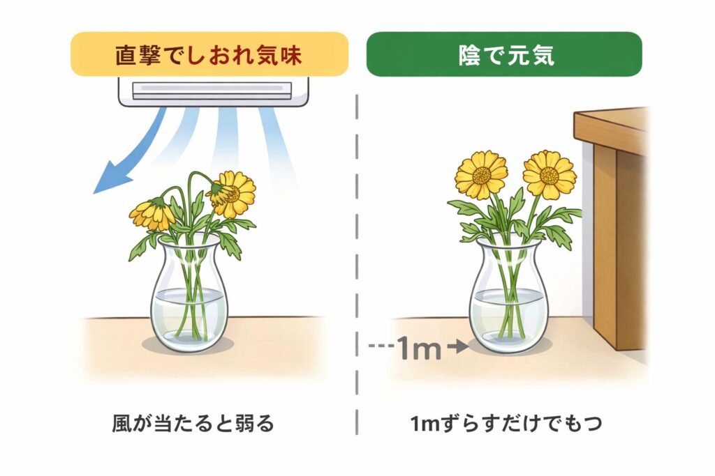 エアコンの真下で萎れ気味の花と陰で元気な花の比較図
