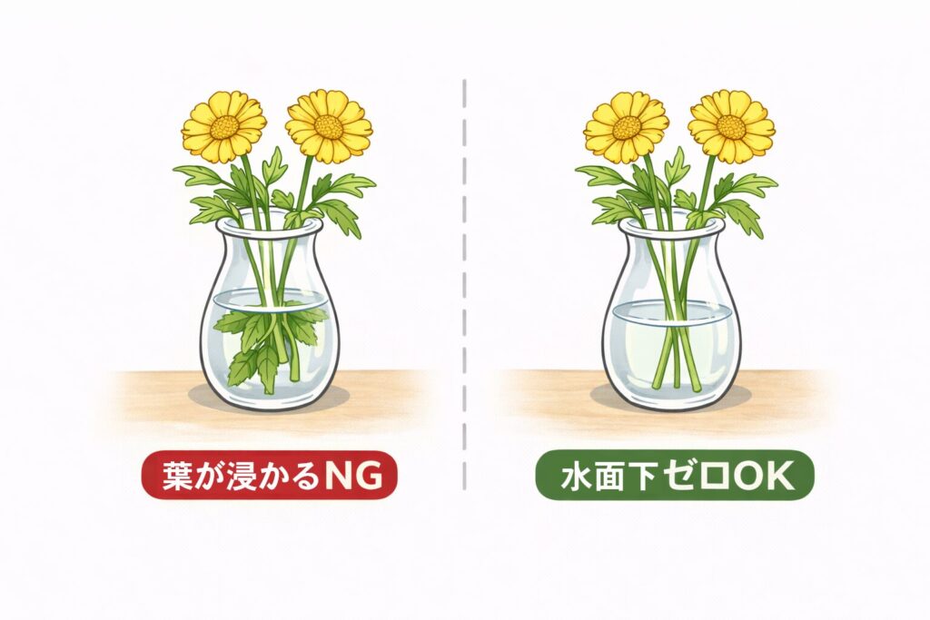葉が浸かってNGの花と水面下に葉が無いOKの図を比較