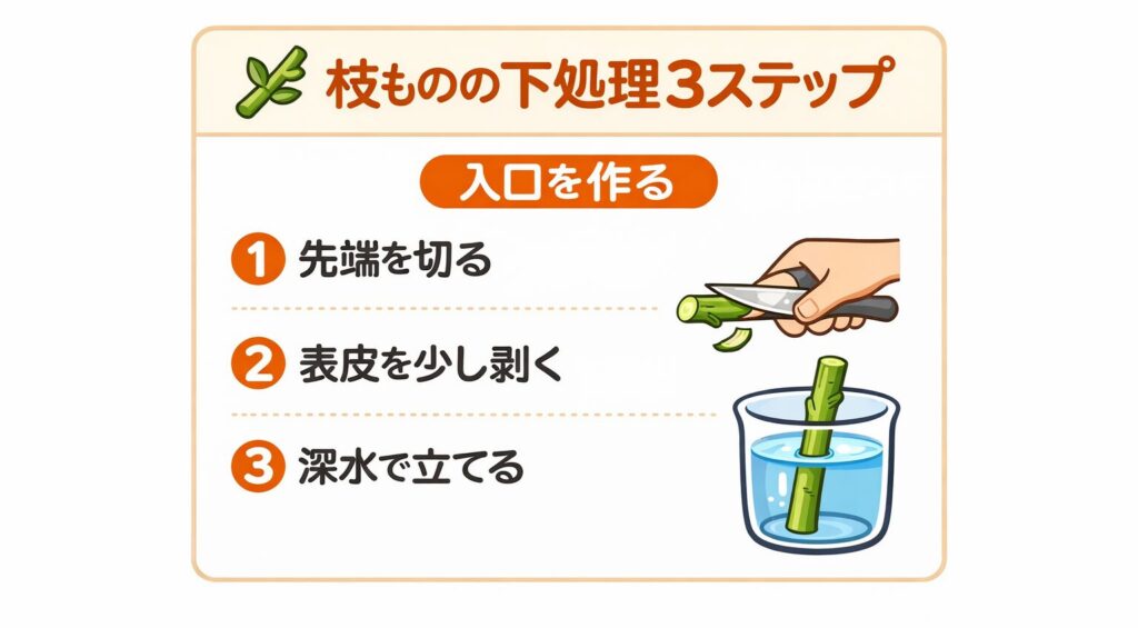 枝物の下処理3ステップを図解