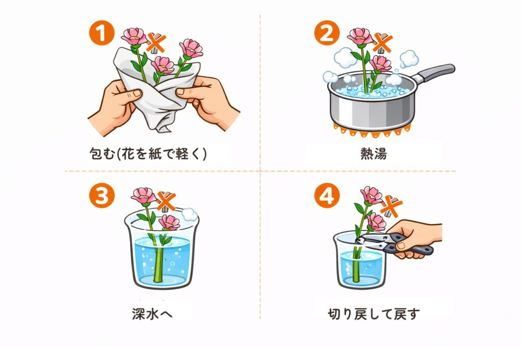 夏の花を湯揚げで矯正復活させる手順を図解