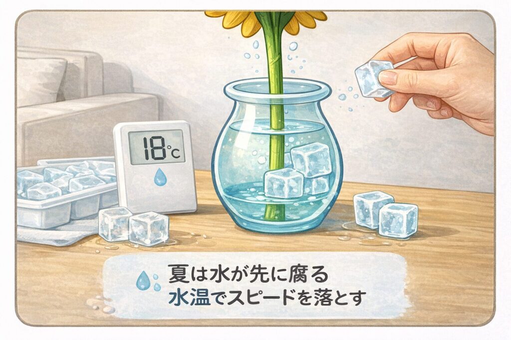 ひまわりの入った花瓶に氷を入れて水温を下げている図