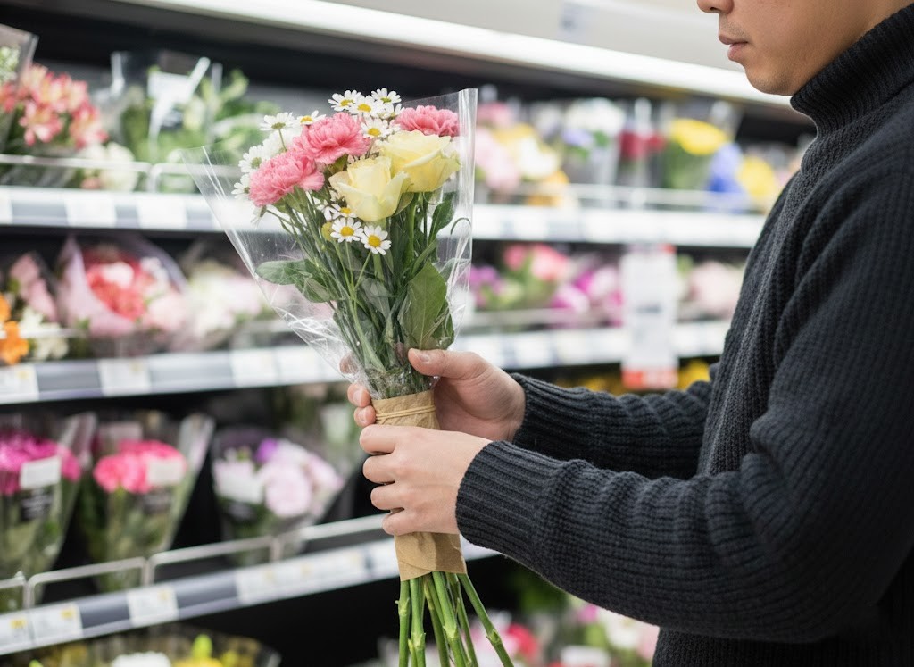 スーパーで花束を探す男性の写真
