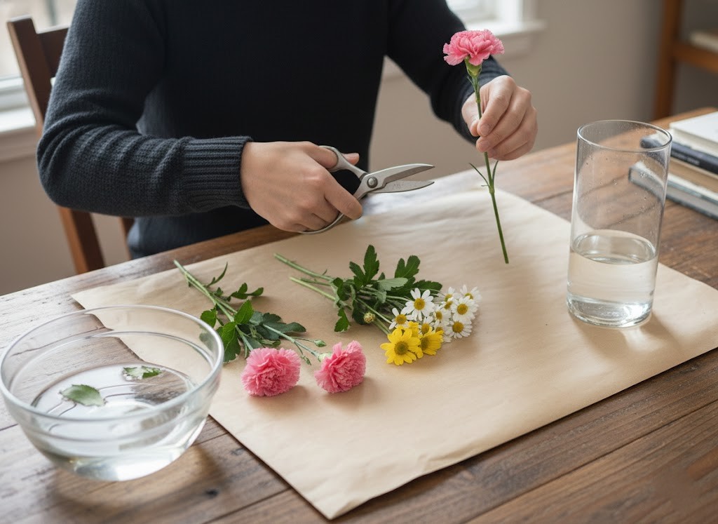 スーパーの花束の下処理をする男性