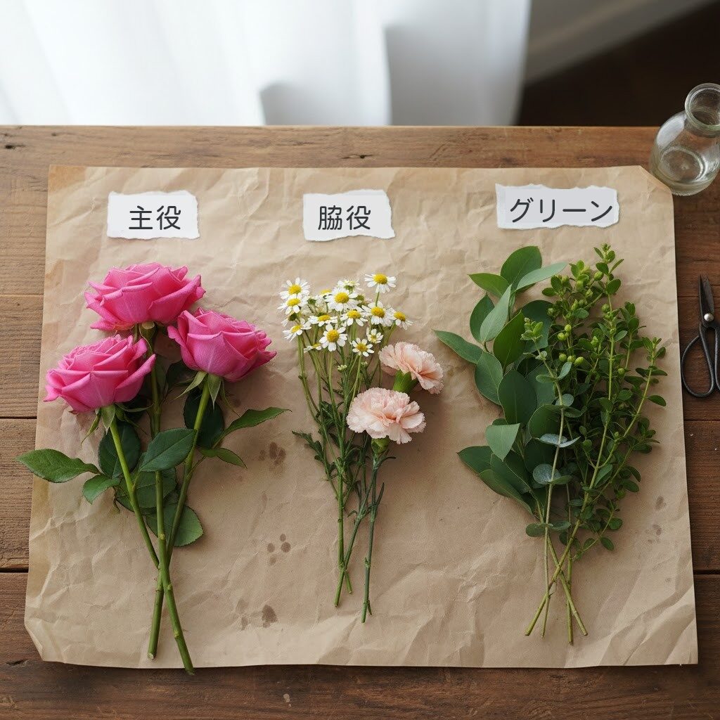 スーパーの花束を主役・脇役・グリーンに分ける（写真）