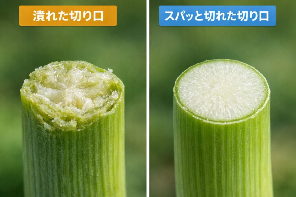 潰れた切り口をスパっと切れた切り口を比較した写真