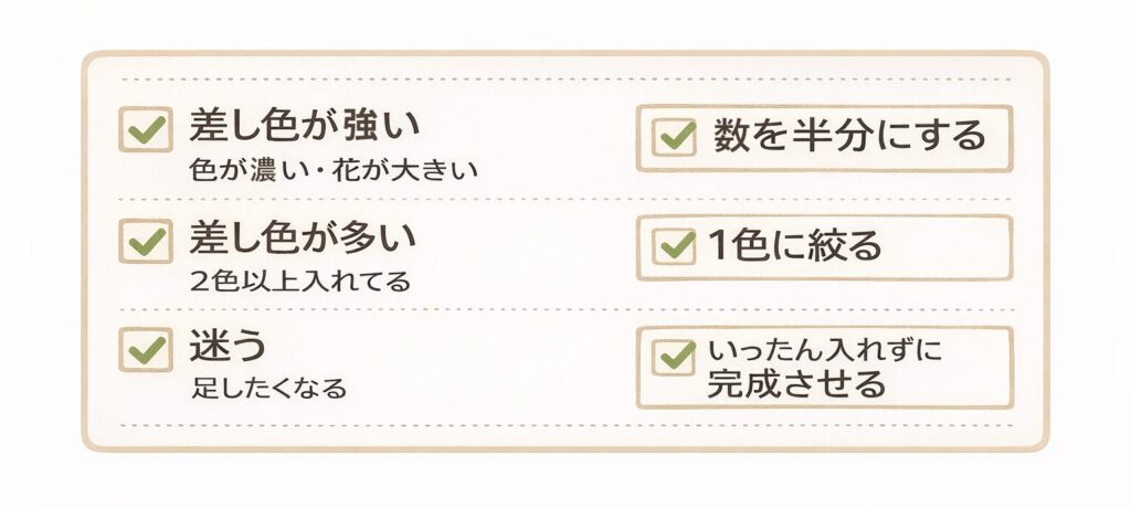 差し色の入れ方の解説図：差し色が強い・多い・迷う場合