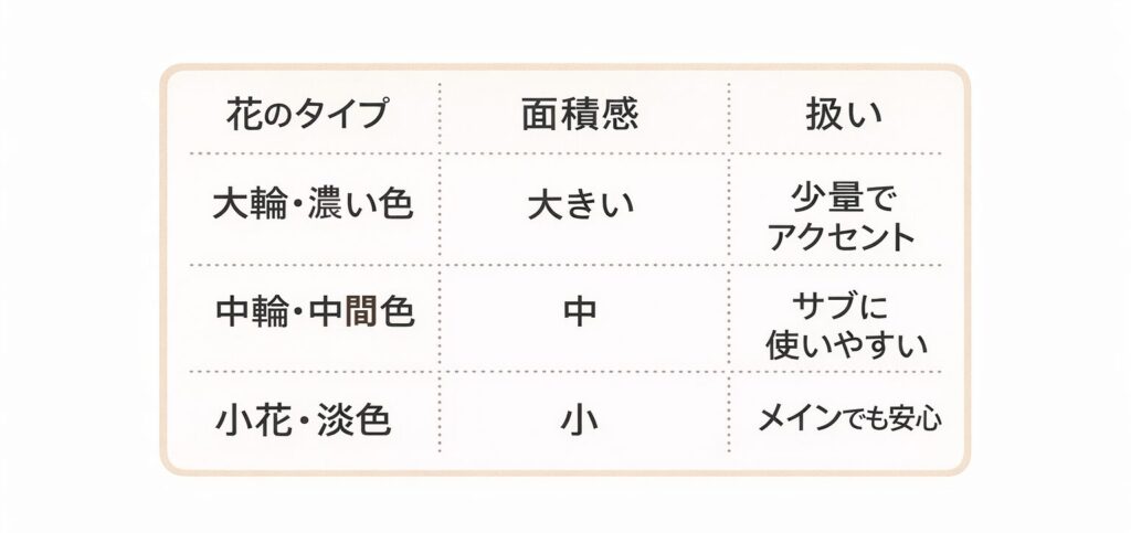 花のタイプと面積感の比較表：大輪・中輪・小花